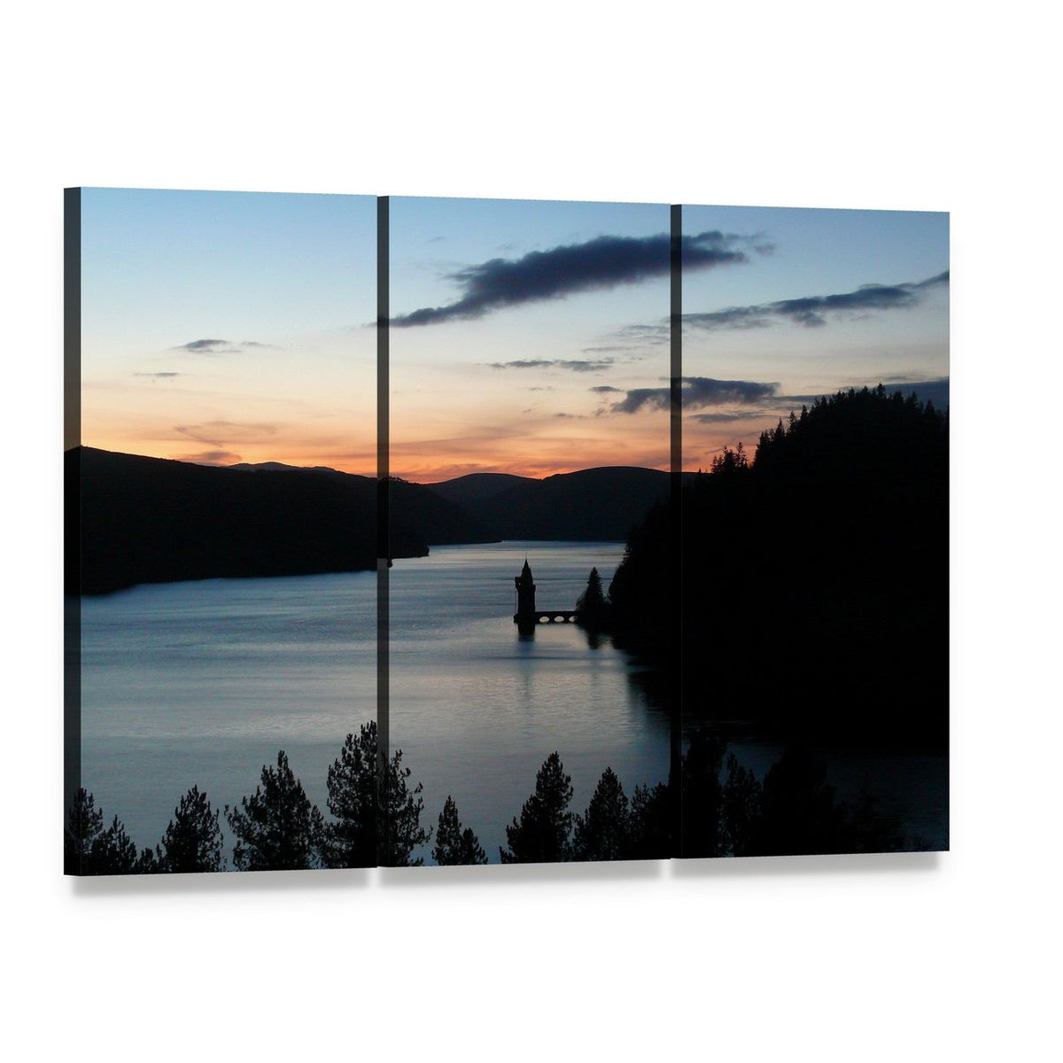 Lake Vyrnwy at Sunset Canvas Wall Art, 3 panel 3 Horizontal layout gallery wrapped canvas set, angled product view