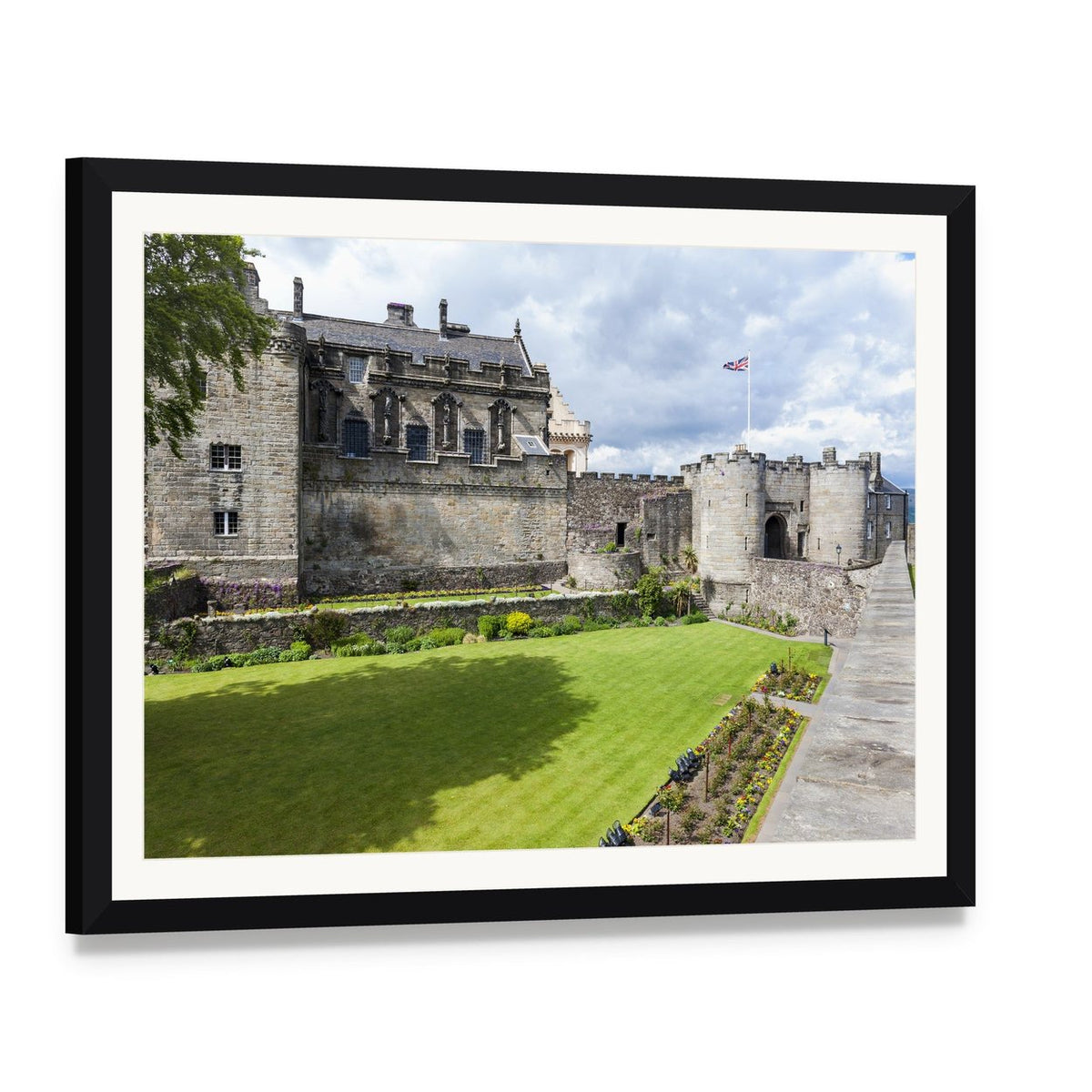 Stirling Castle Courtyard in Summer Sun Canvas Wall Art, framed print with white mat and black frame, angled product view
