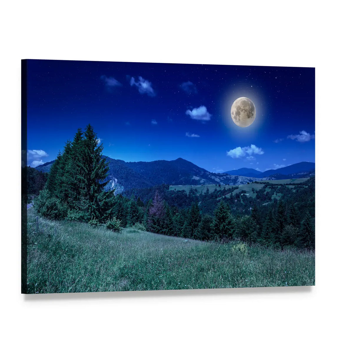 Green Meadow Under Full Moon Canvas Wall Art, single panel gallery wrapped canvas, angled product view