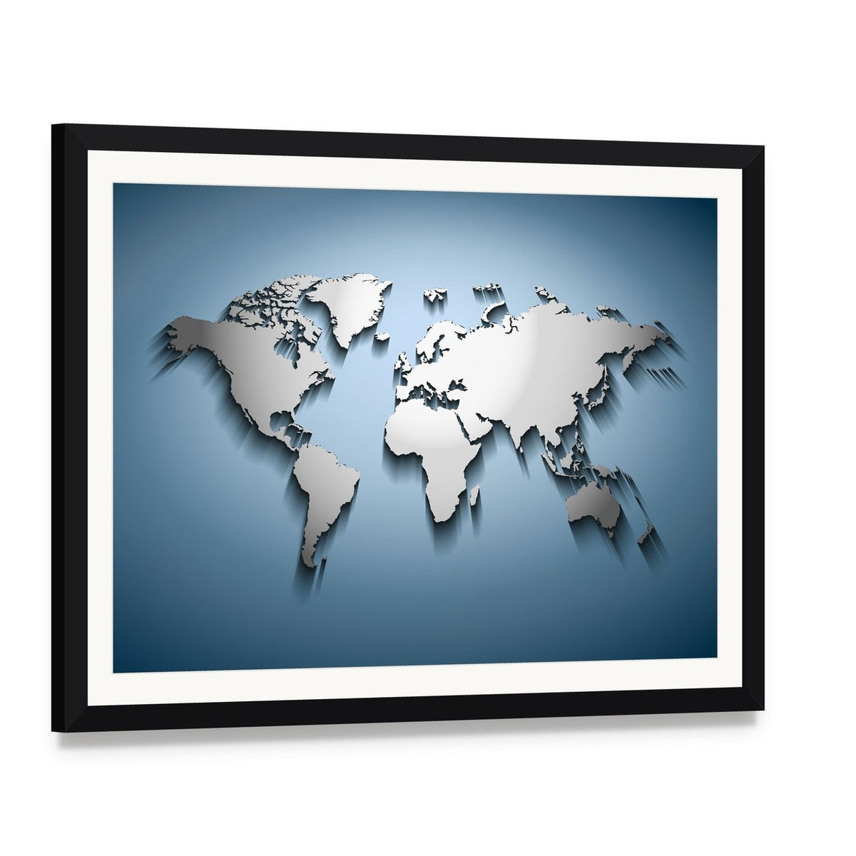 Embossed World Map Canvas Wall Art, framed print with white mat and black frame, angled product view