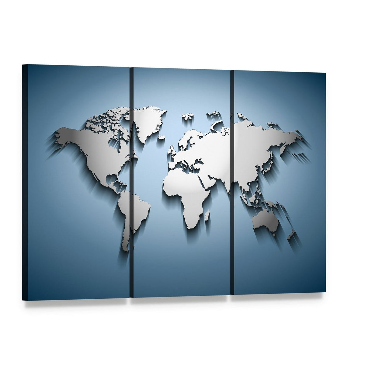 Embossed World Map Canvas Wall Art, 3 panel 3 Horizontal layout gallery wrapped canvas set, angled product view