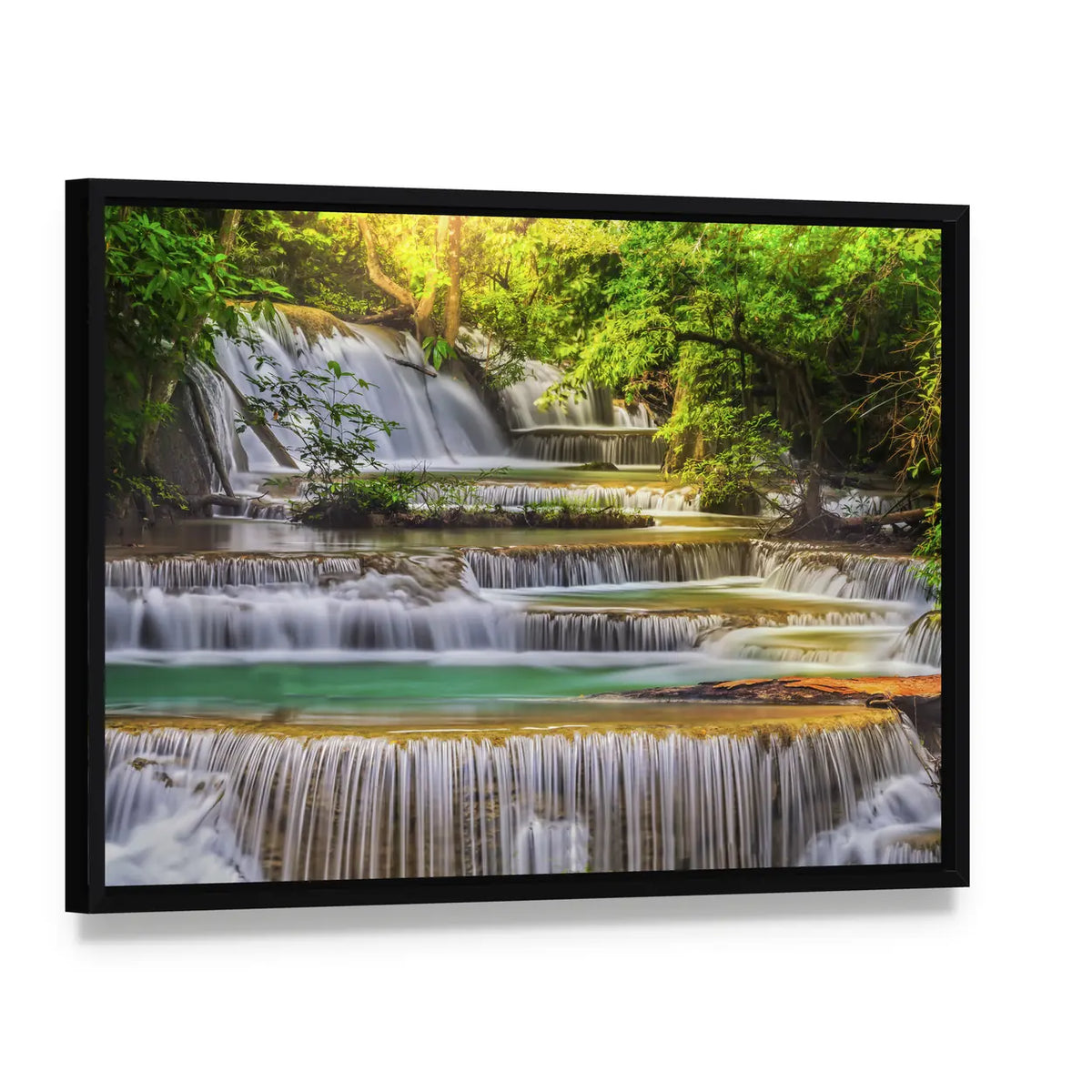 Erawan Waterfall, Thailand Canvas Wall Art, framed canvas in a black floater frame, angled product view