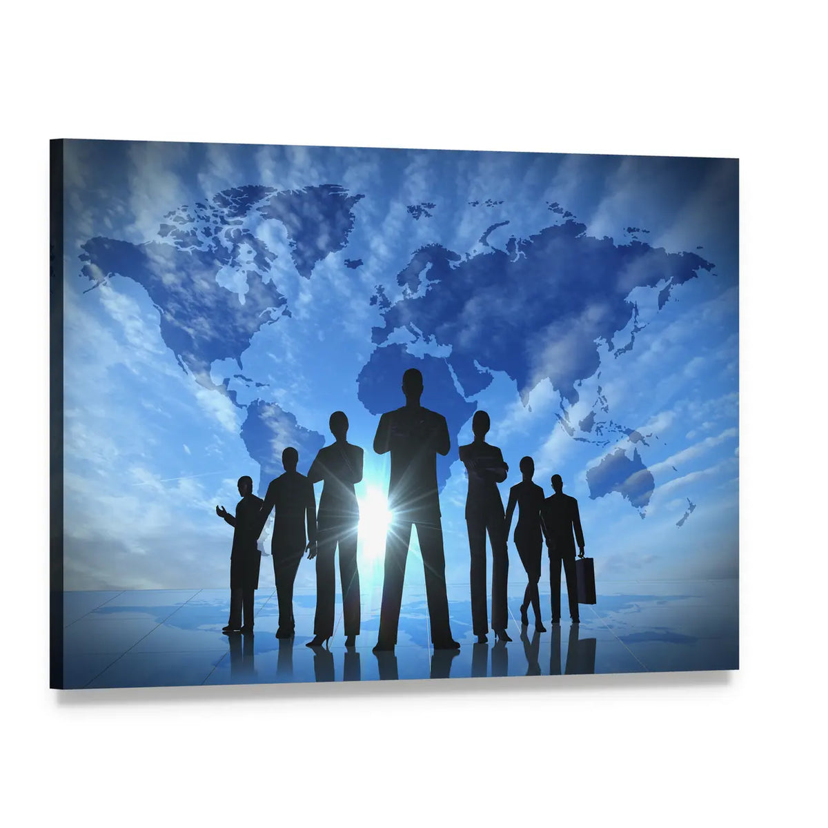 Business Silhouettes with World Map Canvas Wall Art, single panel gallery wrapped canvas, angled product view