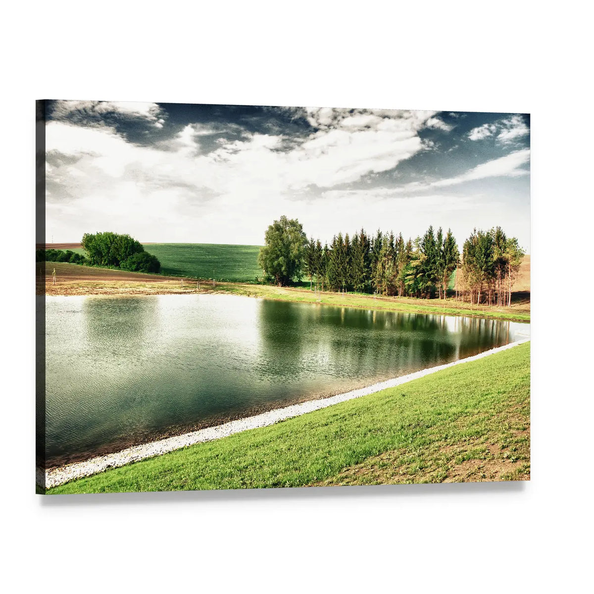 Forest Lake with Tree Reflections Canvas Wall Art, single panel gallery wrapped canvas, angled product view