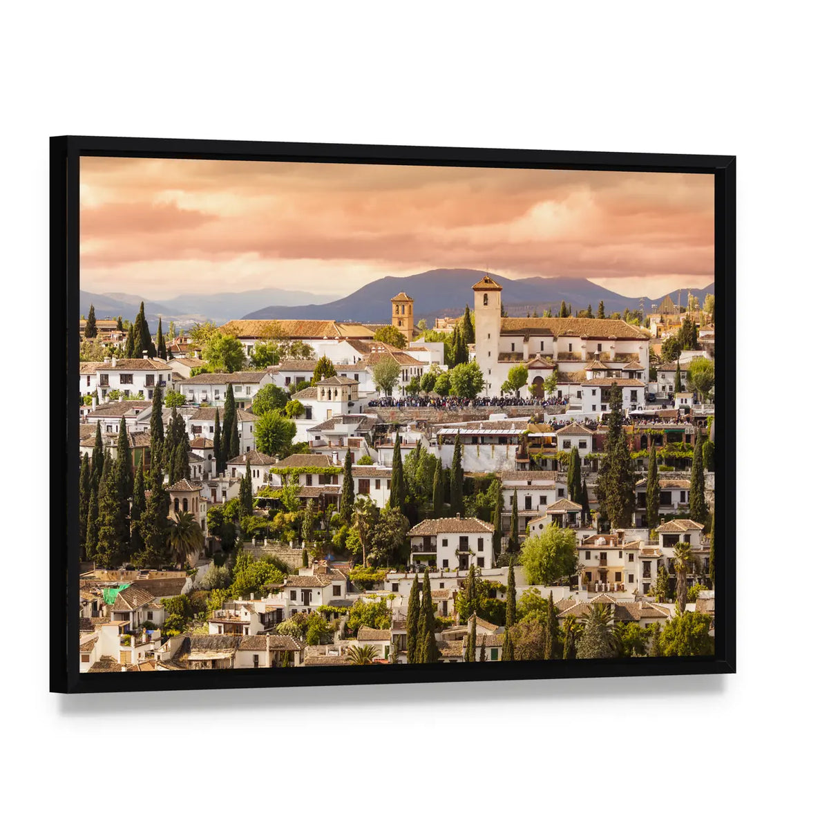 Sunset Over Granada Canvas Wall Art, framed canvas in a black floater frame, angled product view