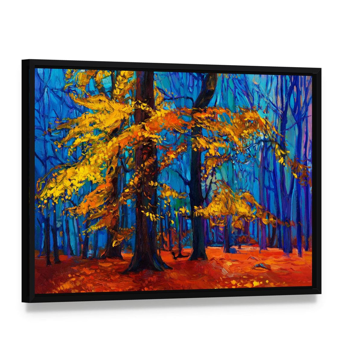 Autumn Trees Abstract Canvas Wall Art, framed canvas in a black floater frame, angled product view