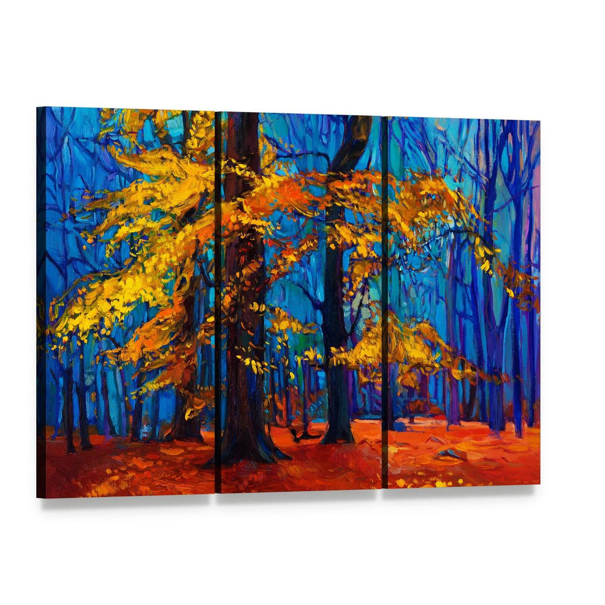 Autumn Trees Abstract Canvas Wall Art, 3 panel 3 Horizontal layout gallery wrapped canvas set, angled product view