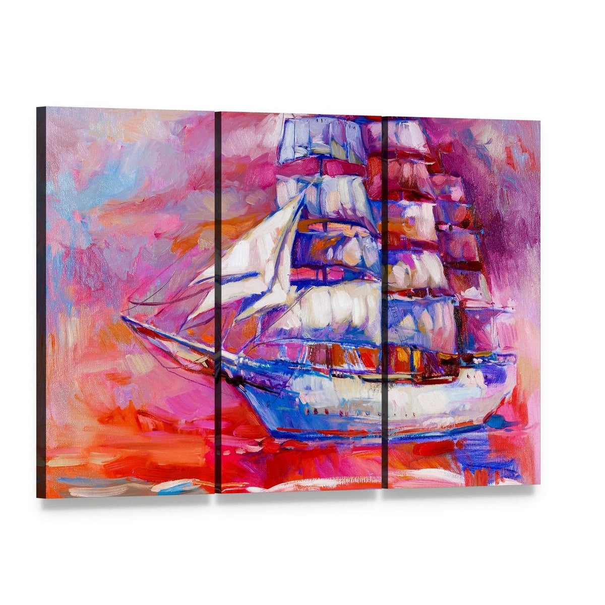 Tall Sailing Ship at Sea Canvas Wall Art, 3 panel 3 Horizontal layout gallery wrapped canvas set, angled product view