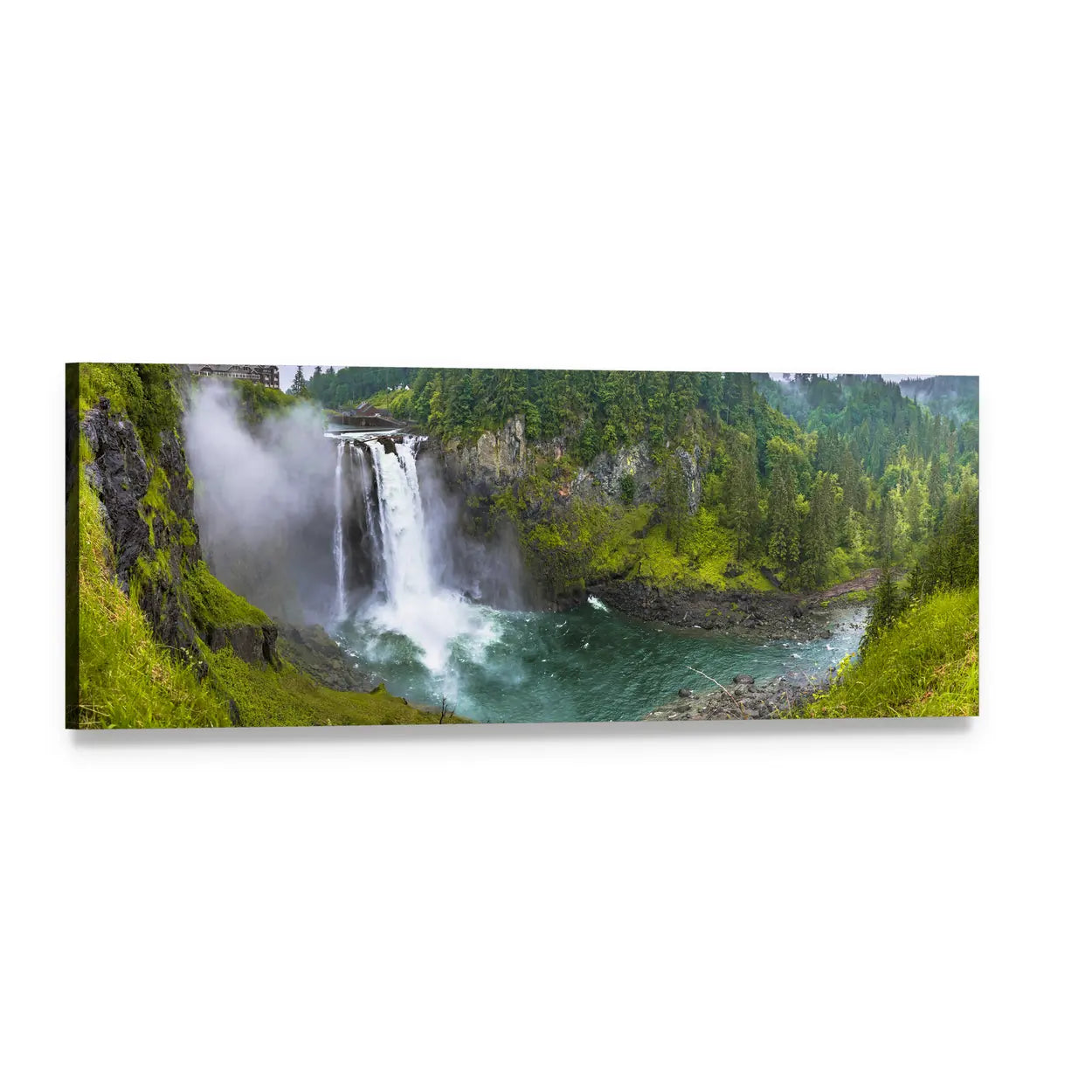 Snoqualmie Falls Over Turquoise River Panoramic Canvas Wall Art, single panel gallery wrapped canvas, angled product view