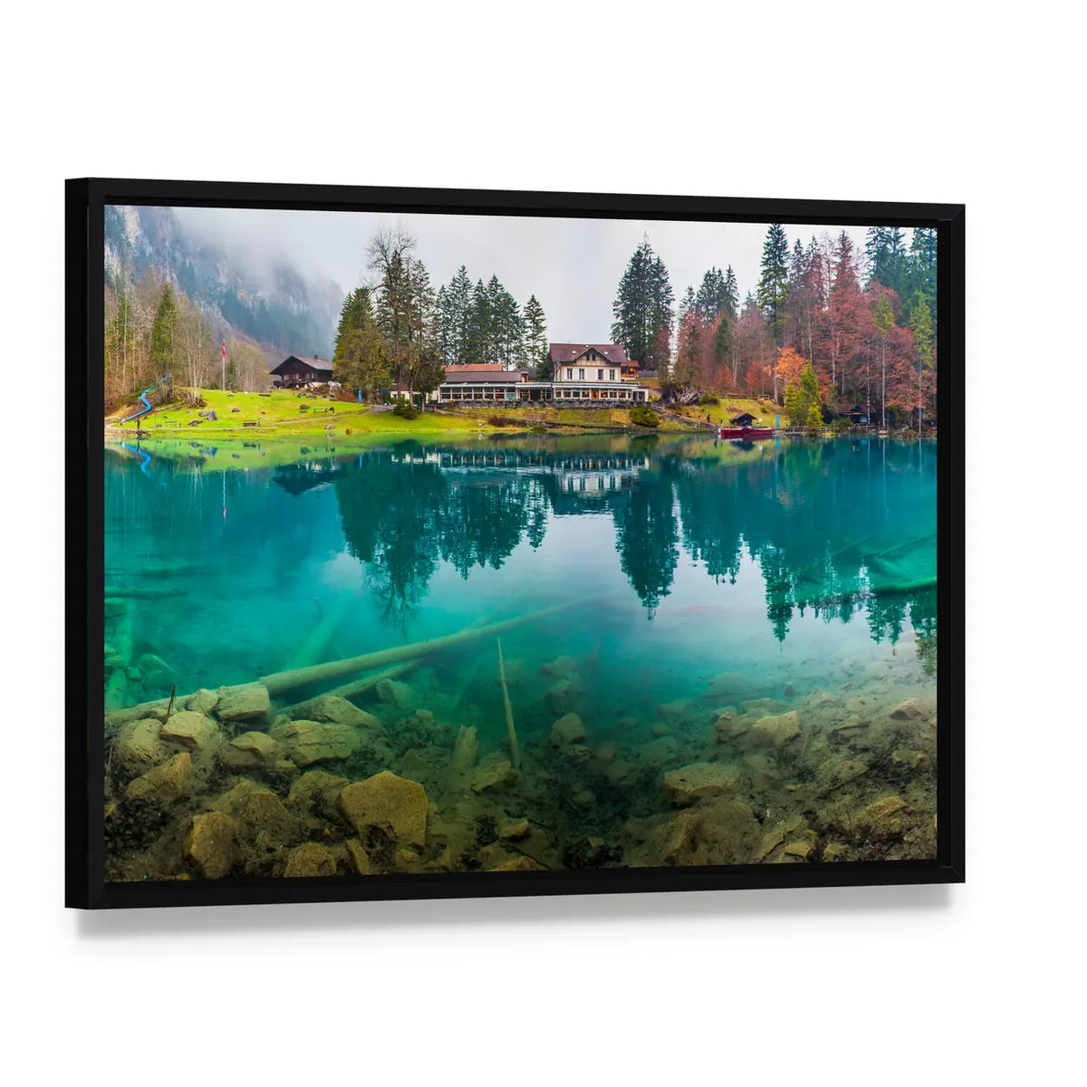 Hotel Forellenzucht in Blausee Town Switzerland Canvas Wall Art, framed canvas in a black floater frame, angled product view