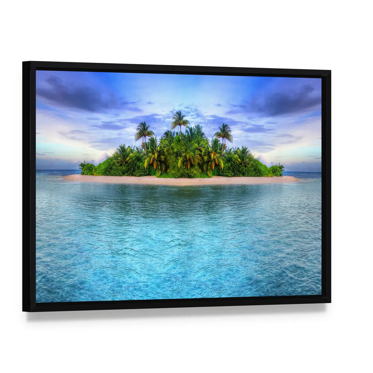 Maldives Tropical Island Canvas Wall Art, framed canvas in a black floater frame, angled product view