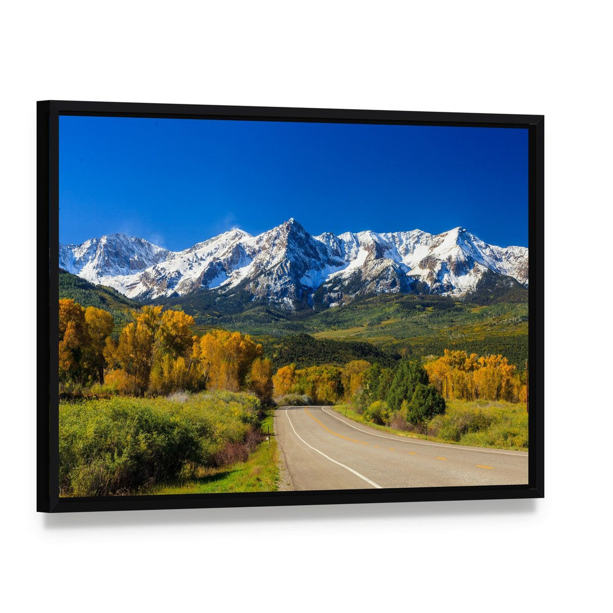 Fall Season in Colorado Canvas Wall Art, framed canvas in a black floater frame, angled product view