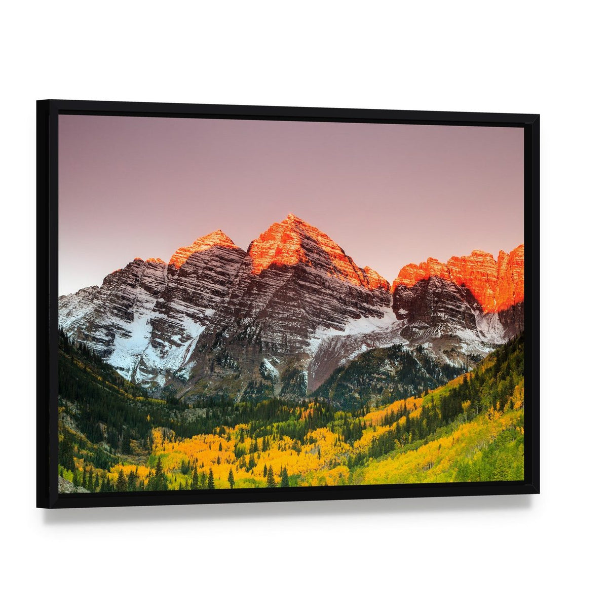 Sunrise Over Maroon Bells Canvas Wall Art, framed canvas in a black floater frame, angled product view