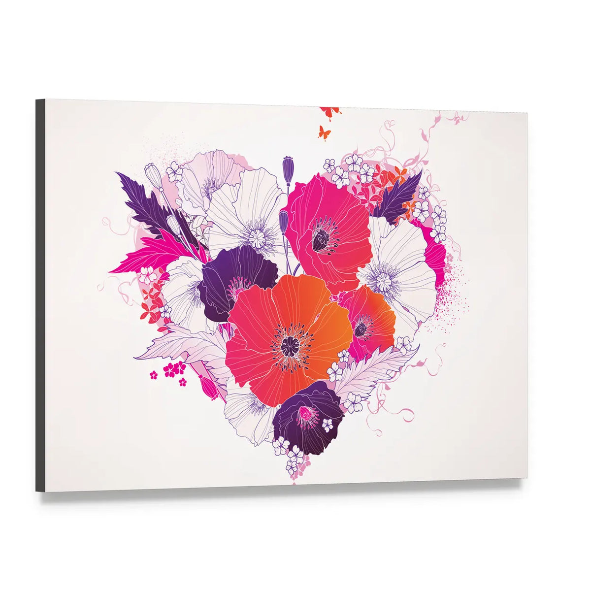 Colorful Floral Heart with Poppies Canvas Wall Art, single panel gallery wrapped canvas, angled product view