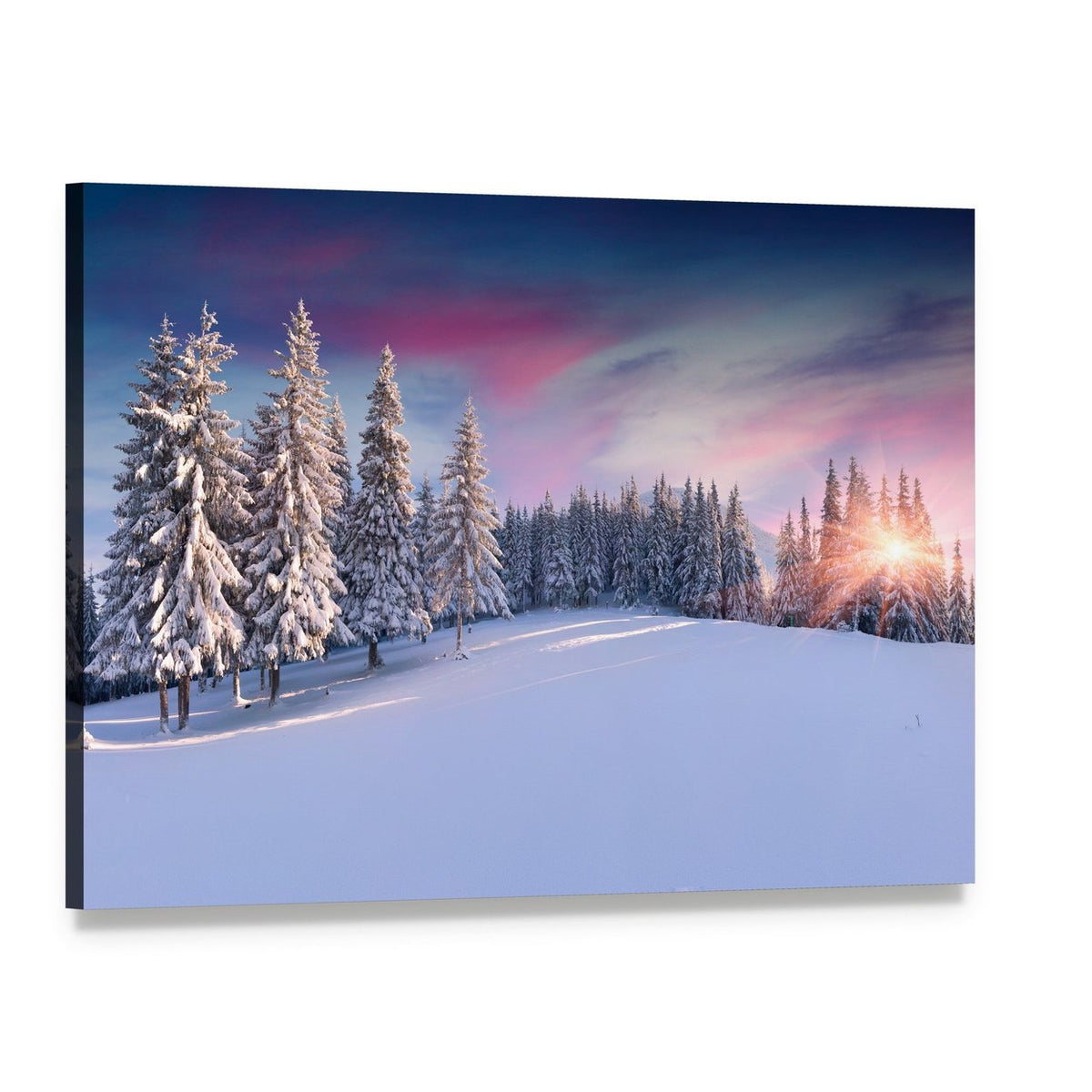 Winter Sunrise Over Snowy Forest Canvas Wall Art, single panel gallery wrapped canvas, angled product view