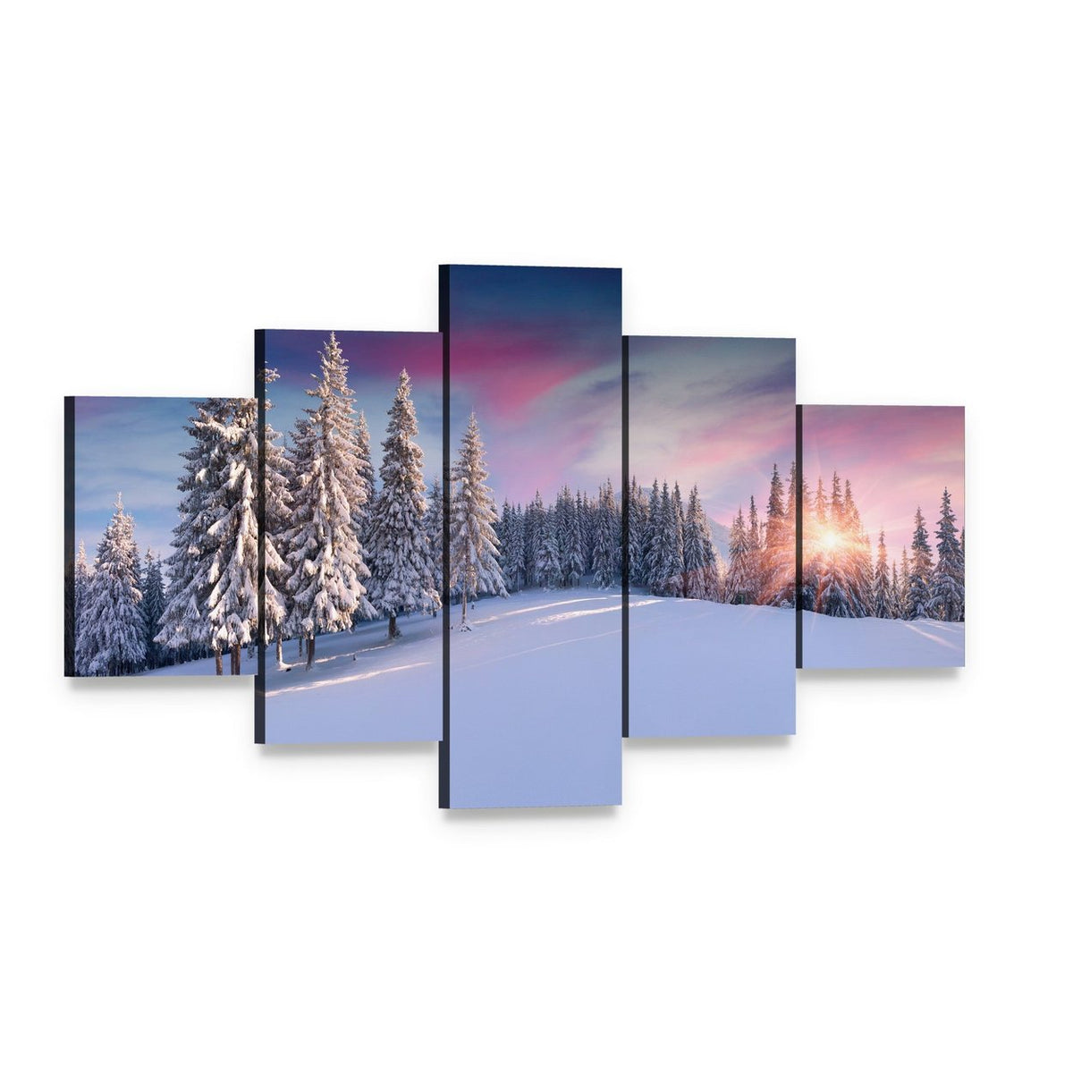 Winter Sunrise Over Snowy Forest Canvas Wall Art, 5 panel 5 Star layout gallery wrapped canvas set, angled product view