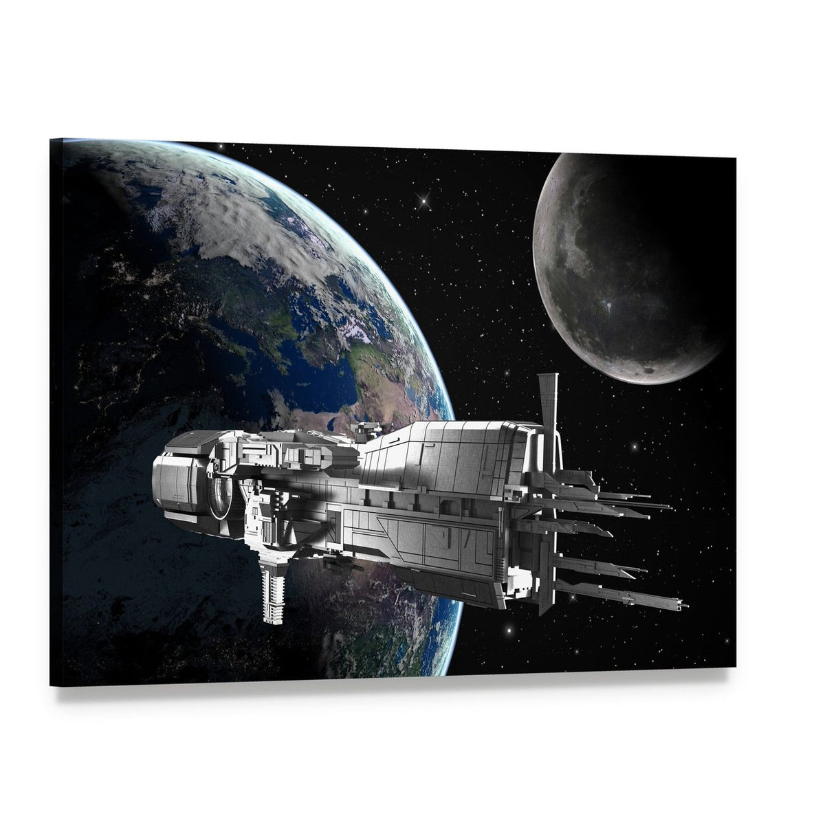 Spaceship in Front of Moon and Earth Canvas Wall Art, single panel gallery wrapped canvas, angled product view