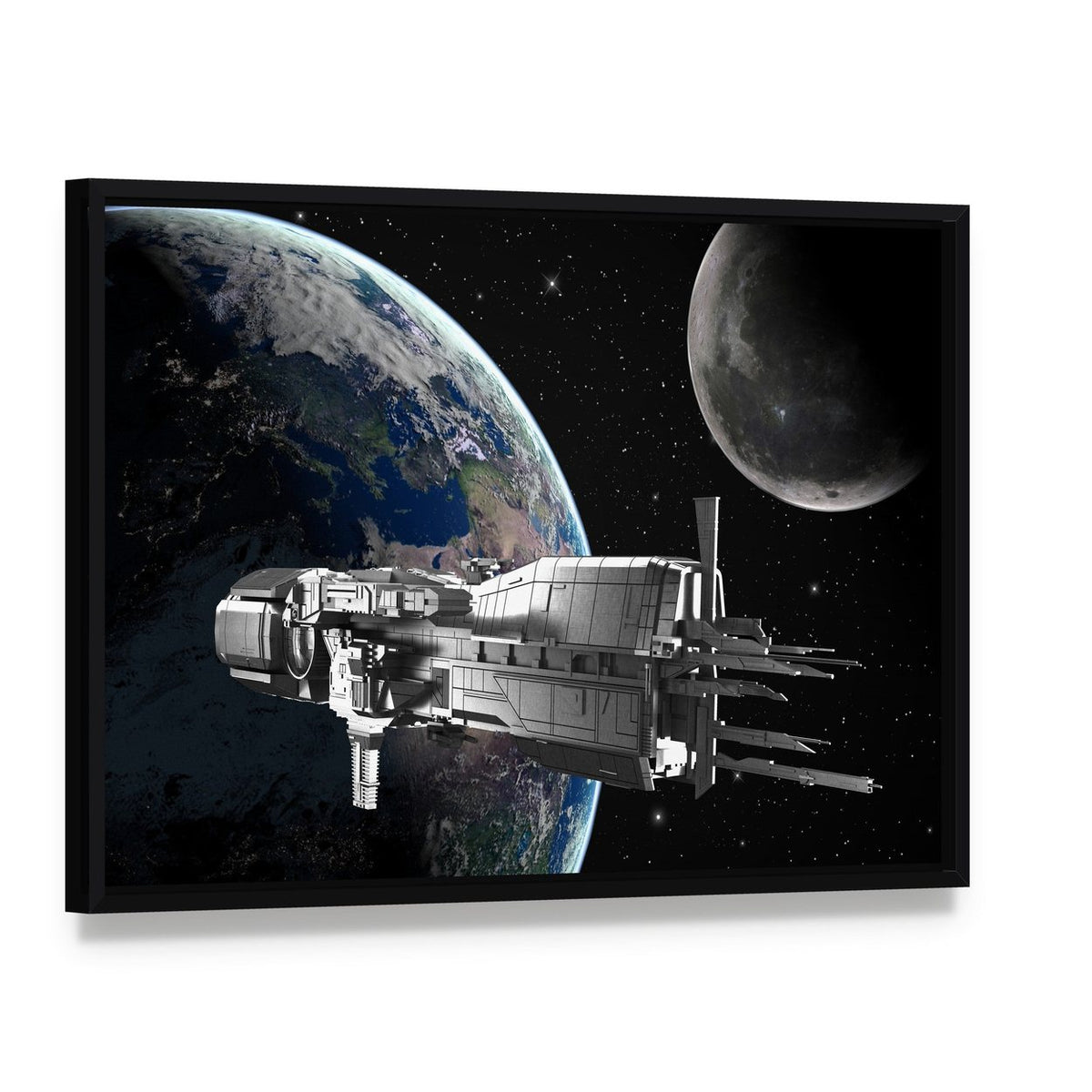 Spaceship in Front of Moon and Earth Canvas Wall Art, framed canvas in a black floater frame, angled product view