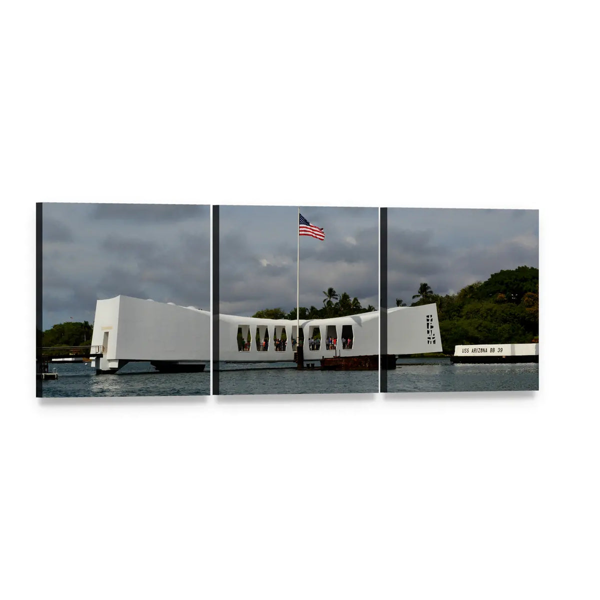Uss Arizona Memorial at Pearl Harbor Panoramic Canvas Wall Art, 3 panel 3 Piece layout gallery wrapped canvas set, angled product view