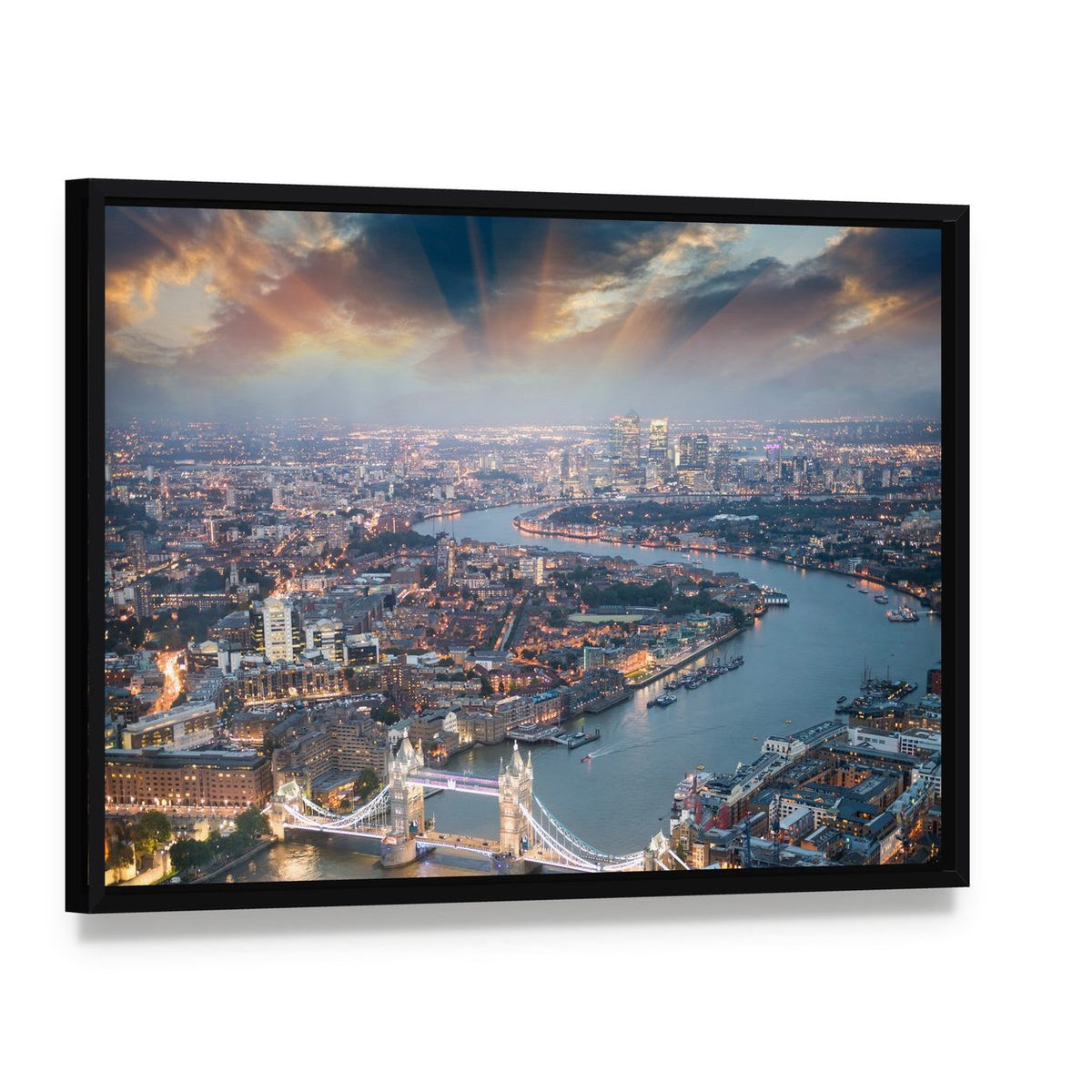 Aerial View of Tower Bridge Canvas Wall Art, framed canvas in a black floater frame, angled product view