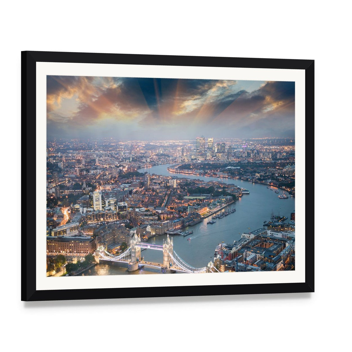 Aerial View of Tower Bridge Canvas Wall Art, framed print with white mat and black frame, angled product view