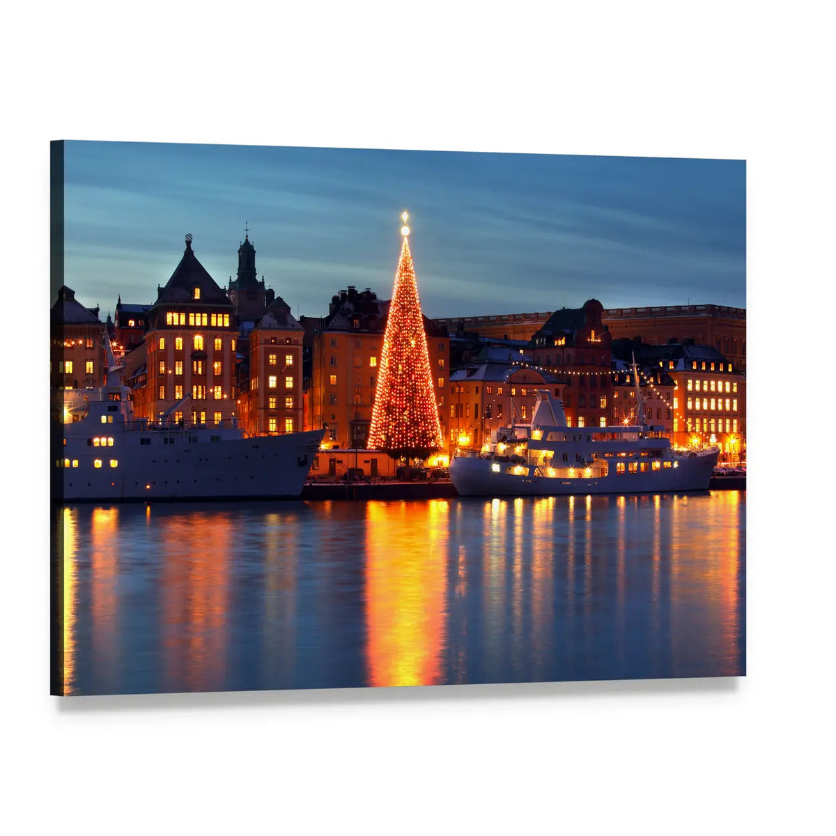 Stockholm Old City with Christmas Tree Canvas Wall Art, single panel gallery wrapped canvas, angled product view