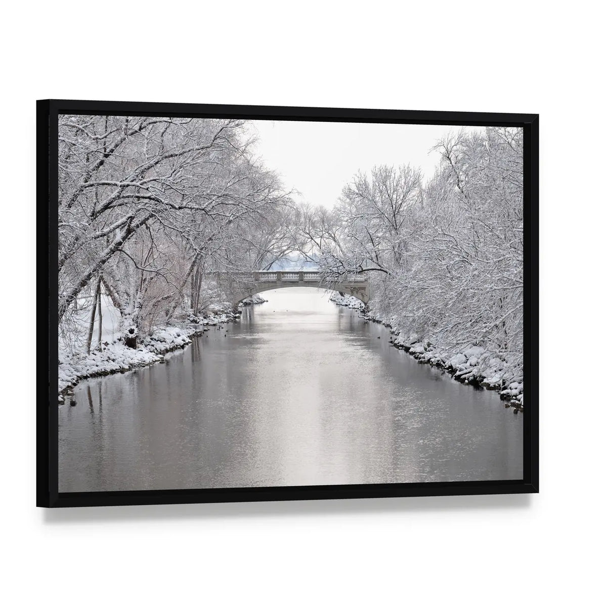 Yahara River In Madison Wisconsin Canvas Wall Art, framed canvas in a black floater frame, angled product view