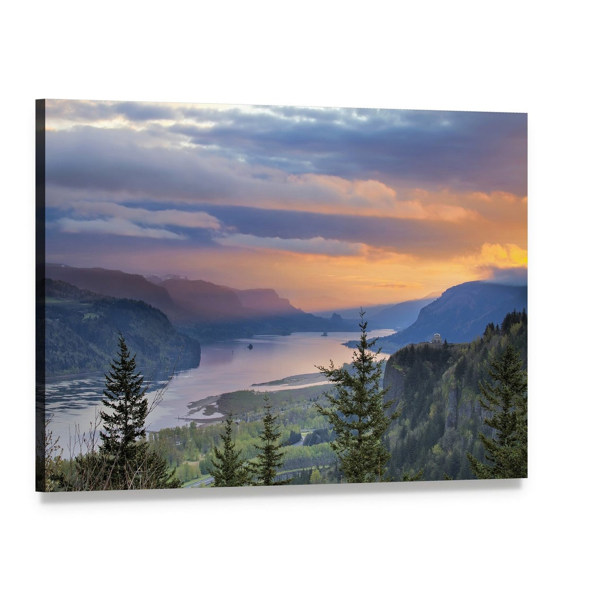 Columbia River Valley at Sunrise Canvas Wall Art, single panel gallery wrapped canvas, angled product view