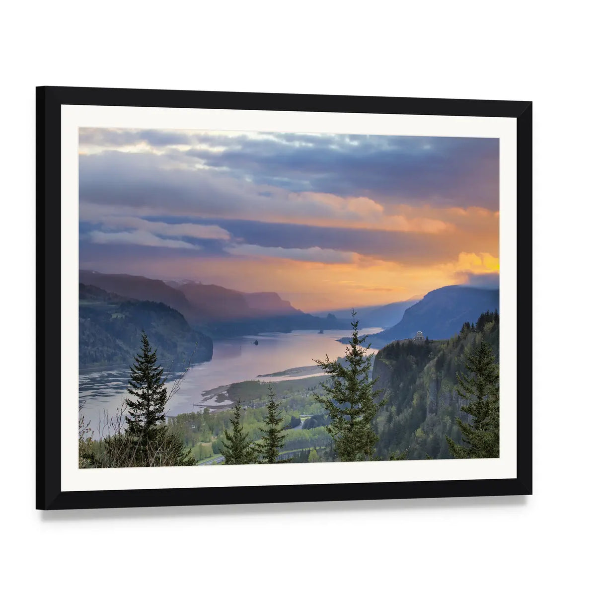 Sunrise Over Columbia River Canvas Wall Art, framed print with white mat and black frame, angled product view