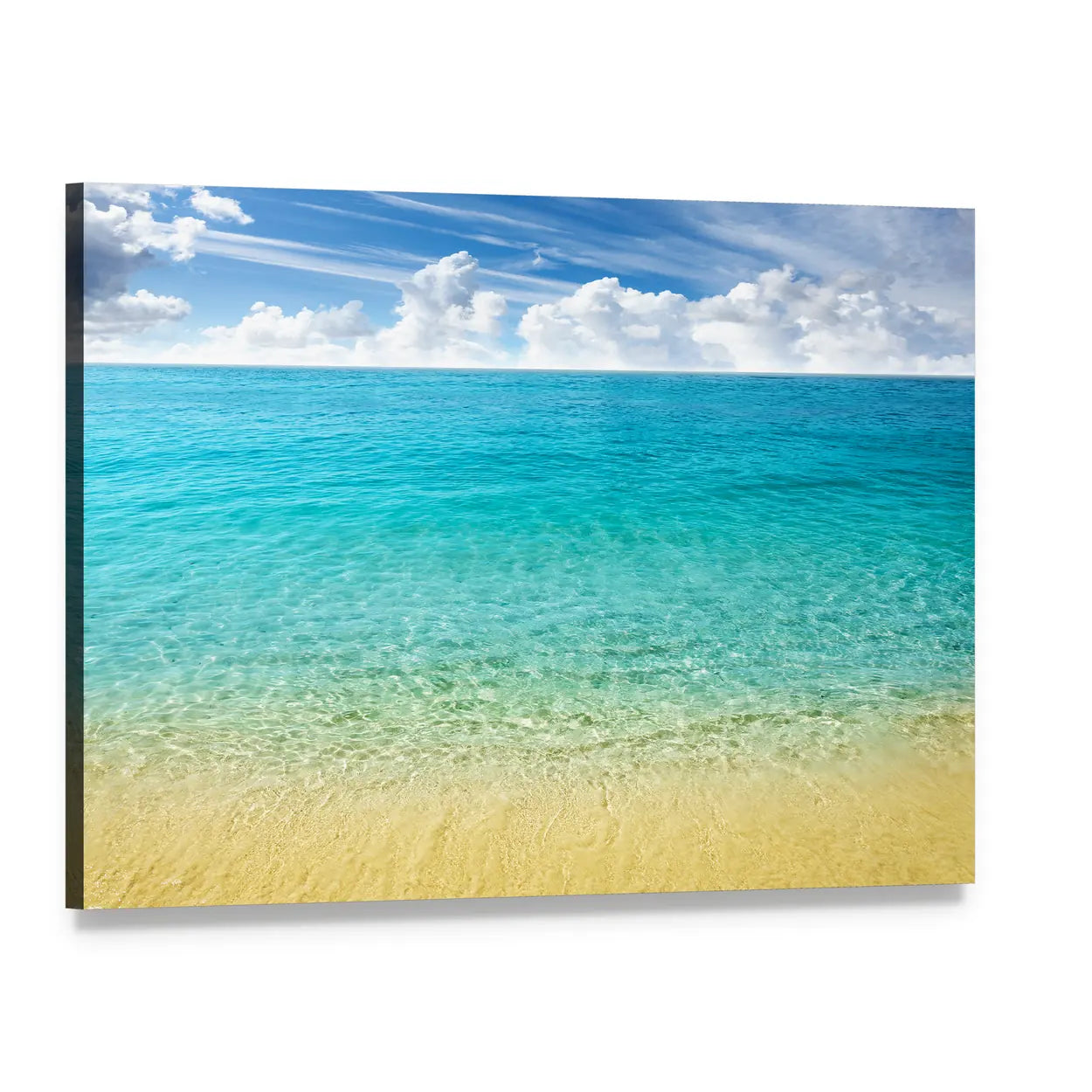Summer Beach with Clear Water and Blue Sky Canvas Wall Art, single panel gallery wrapped canvas, angled product view