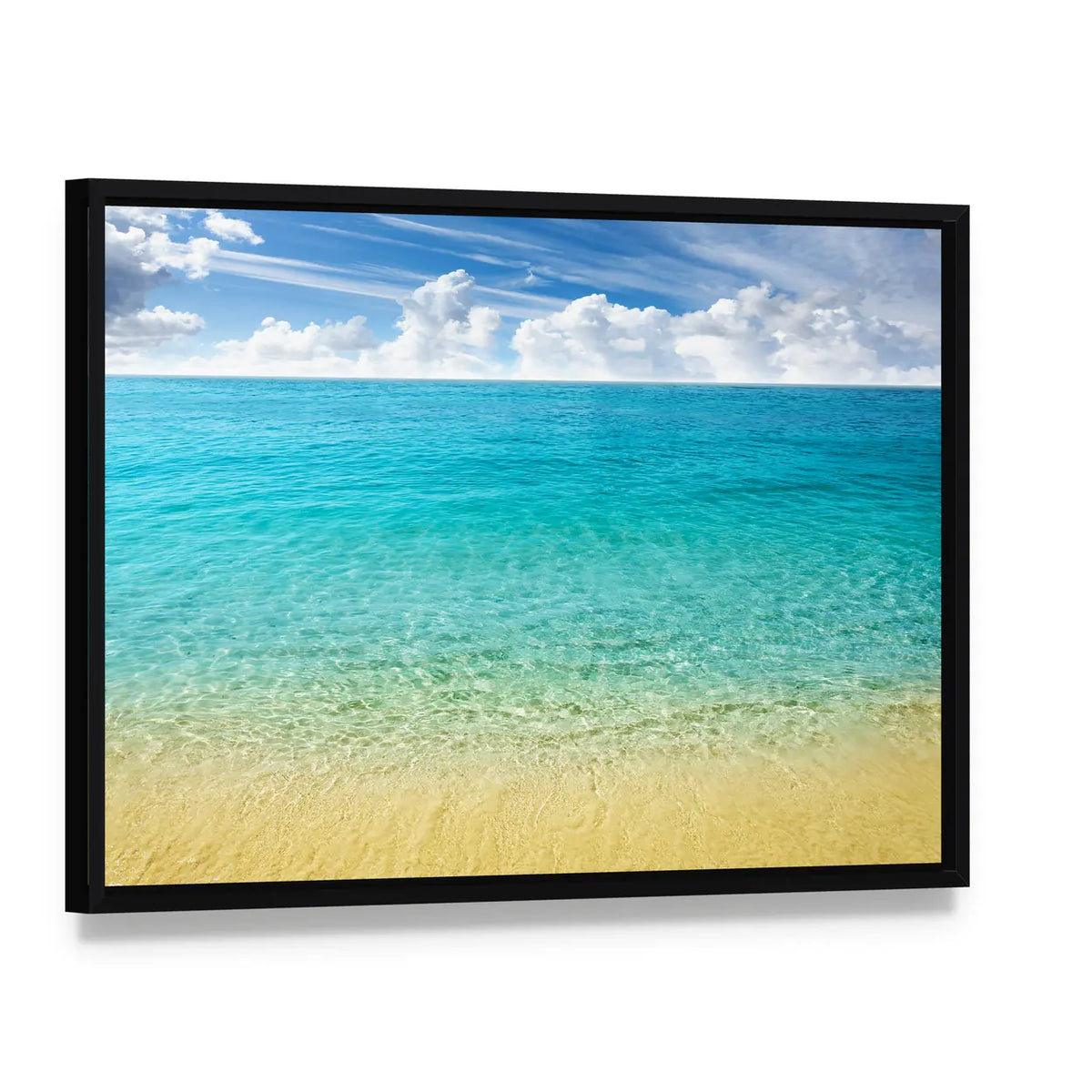 Summer Beach with Clear Water and Blue Sky Canvas Wall Art, framed canvas in a black floater frame, angled product view