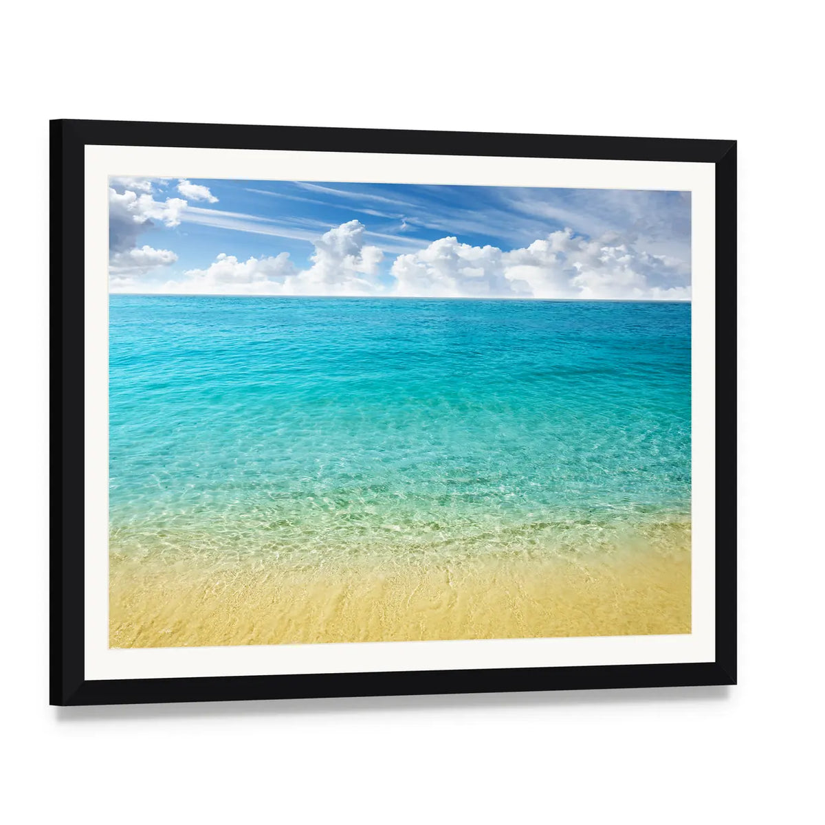 Summer Beach with Clear Water and Blue Sky Canvas Wall Art, framed print with white mat and black frame, angled product view