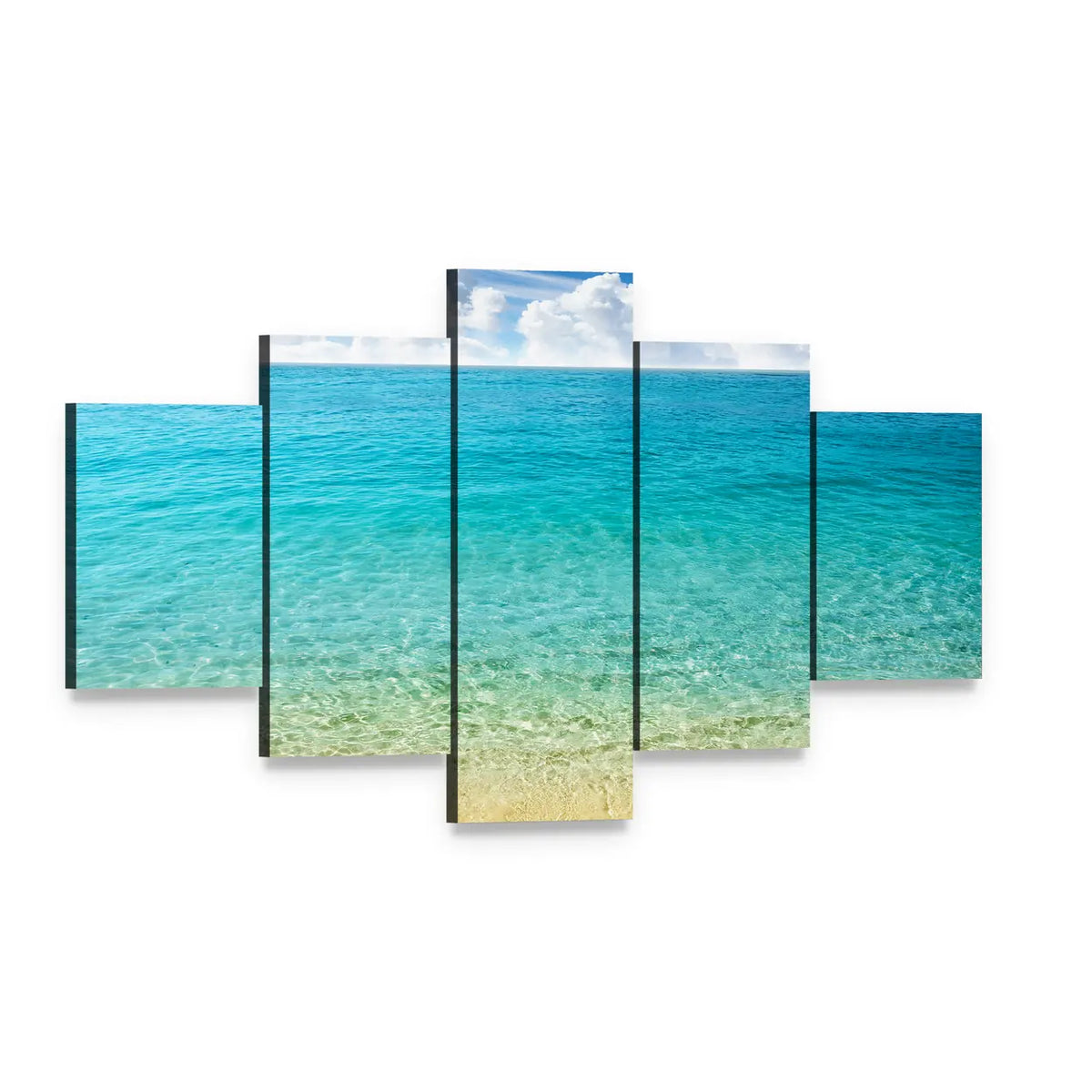 Summer Beach with Clear Water and Blue Sky Canvas Wall Art, 5 panel 5 Star layout gallery wrapped canvas set, angled product view