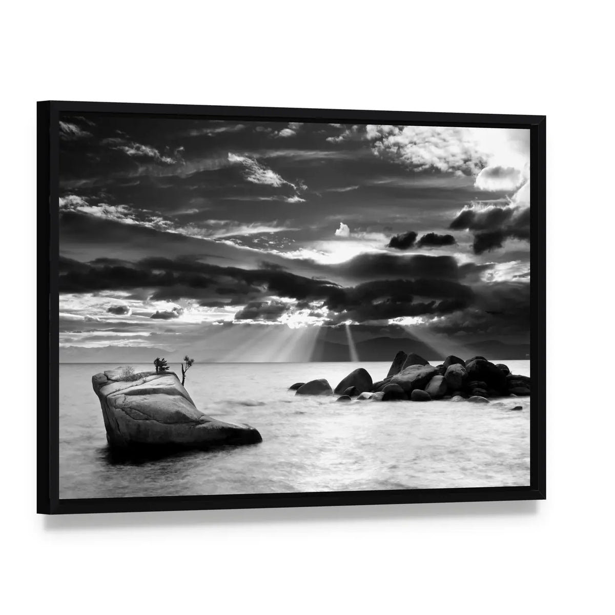Cloud Burst Over Bonsai Rock At Lake Tahoe Canvas Wall Art, framed canvas in a black floater frame, angled product view