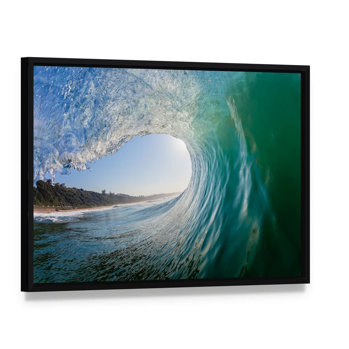 Surfing View Inside Hollow Wave Canvas Wall Art, framed canvas in a black floater frame, angled product view