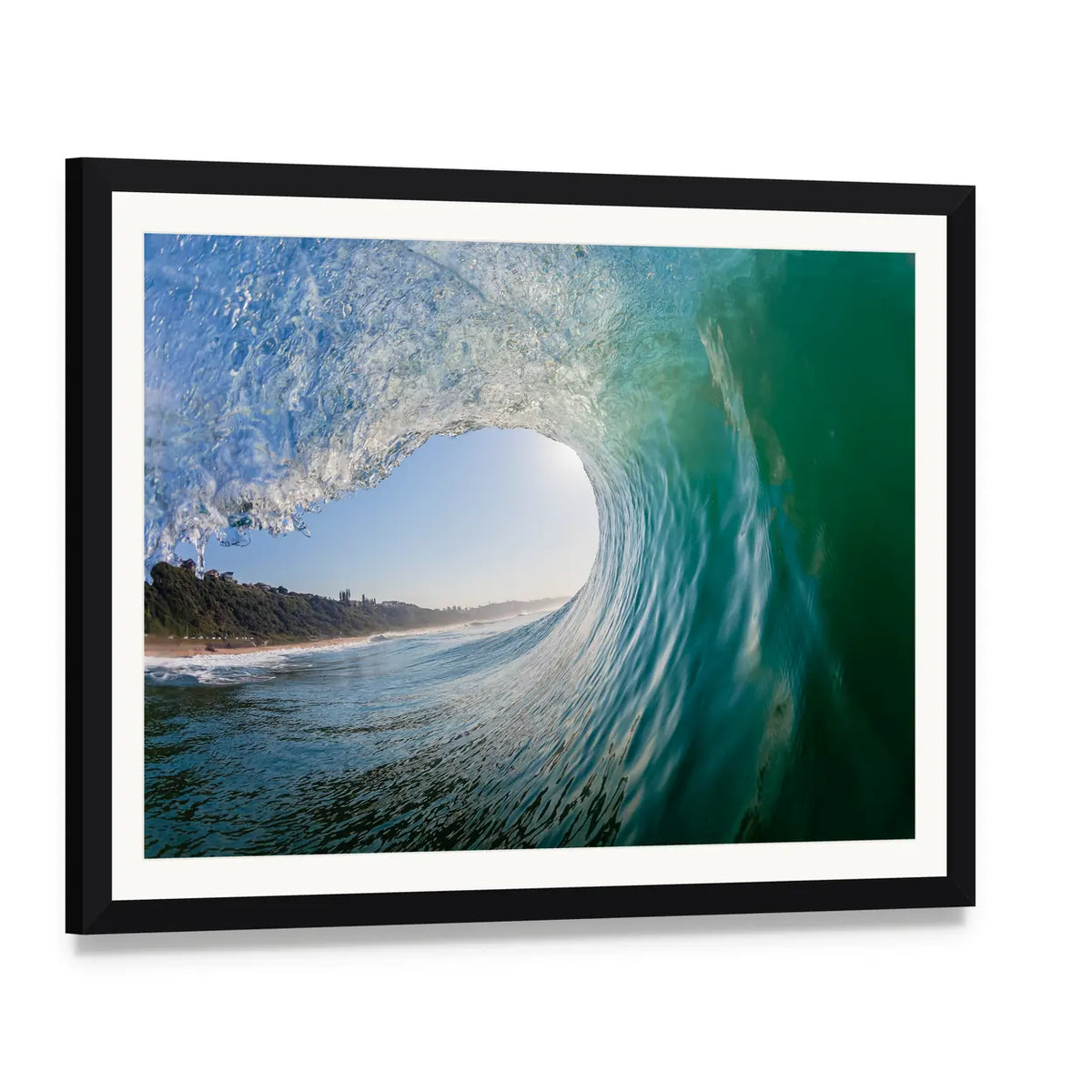 Inside a Curling Barrel Wave Canvas Wall Art, framed print with white mat and black frame, angled product view