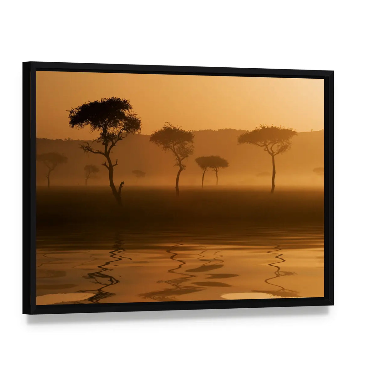 Sunset Over Massai Mara Canvas Wall Art, framed canvas in a black floater frame, angled product view