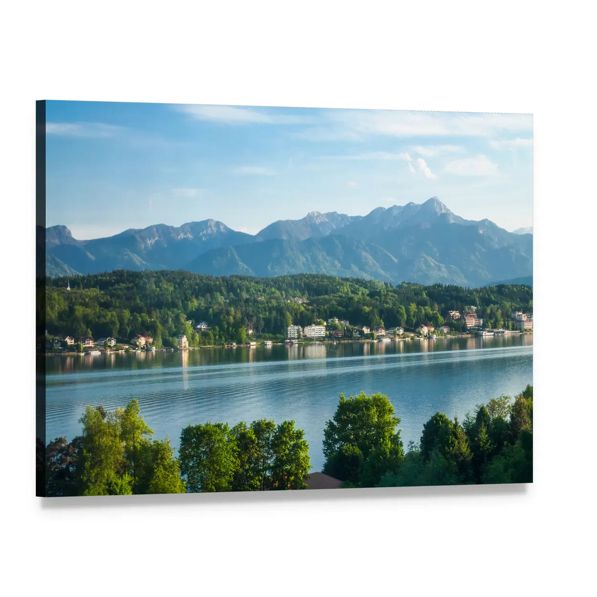 Mountain Lake with Snow-capped Peaks Canvas Wall Art, single panel gallery wrapped canvas, angled product view