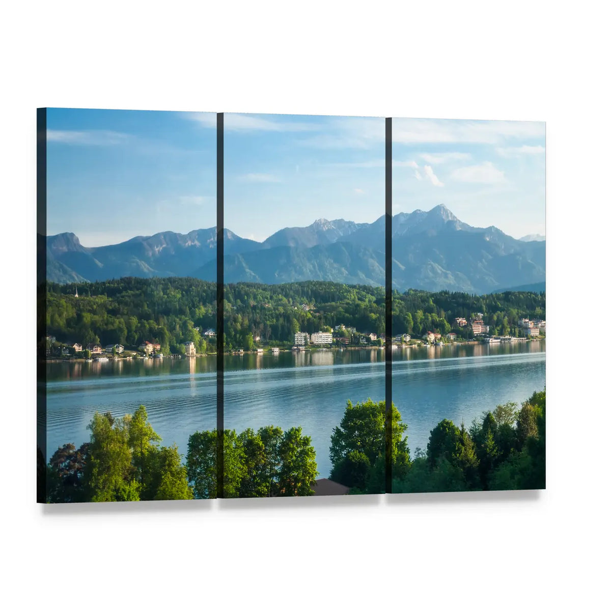 Mountain Lake with Snow-capped Peaks Canvas Wall Art, 3 panel 3 Horizontal layout gallery wrapped canvas set, angled product view