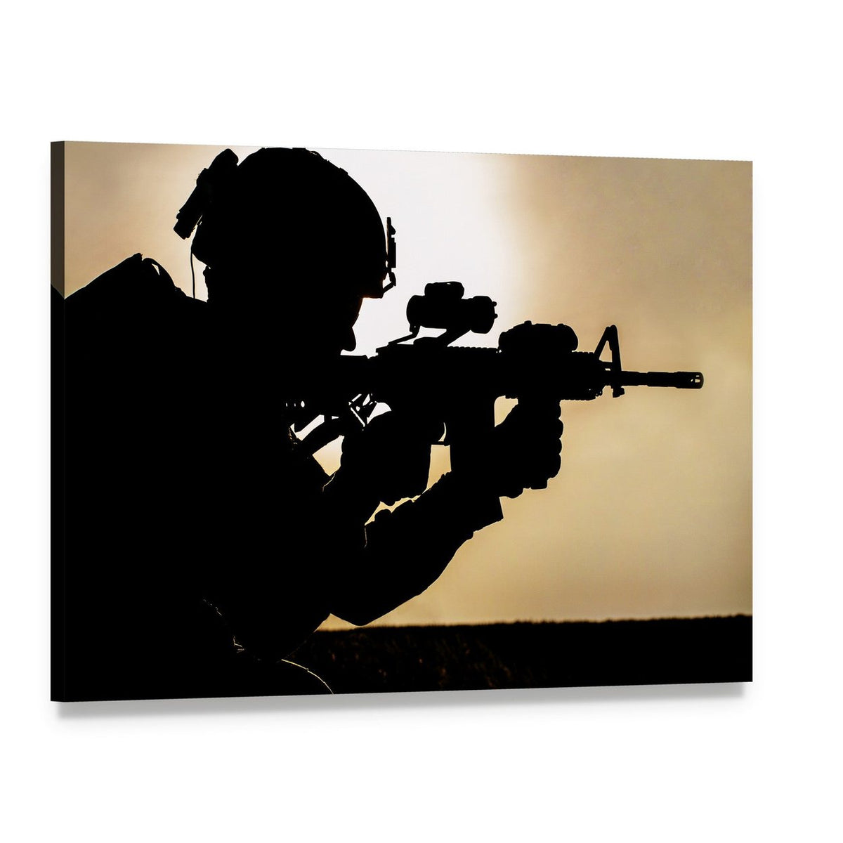 Silhouette of Young Soldier in Military Helmet Against the Sun Canvas Wall Art, single panel gallery wrapped canvas, angled product view