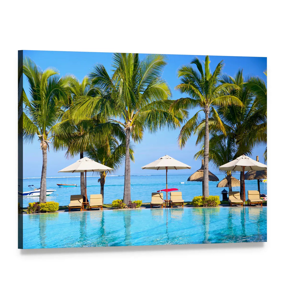Swimming Pool with Lounge Chairs Canvas Wall Art, single panel gallery wrapped canvas, angled product view