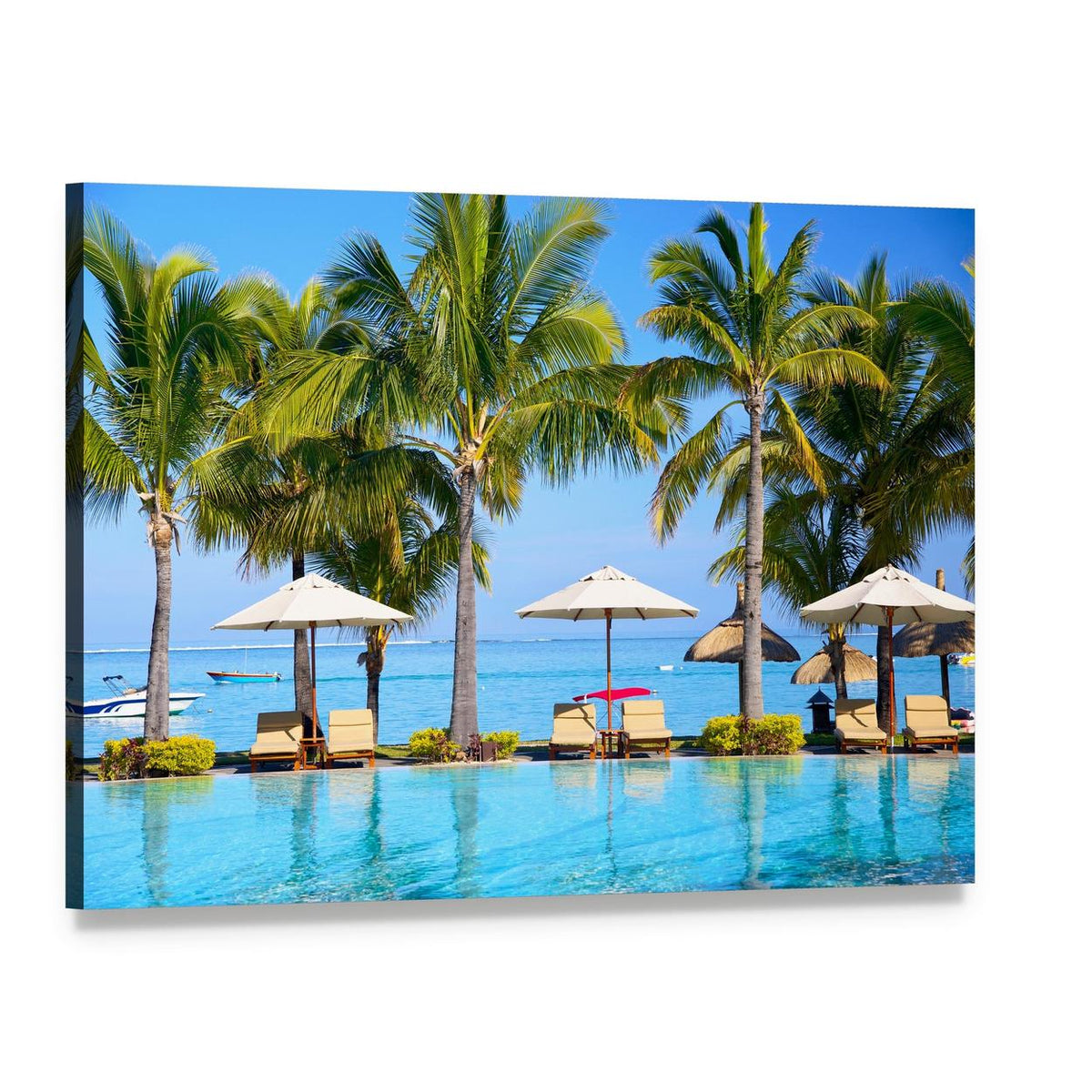 Swimming Pool with Lounge Chairs and Palm Trees Canvas Wall Art, single panel gallery wrapped canvas, angled product view