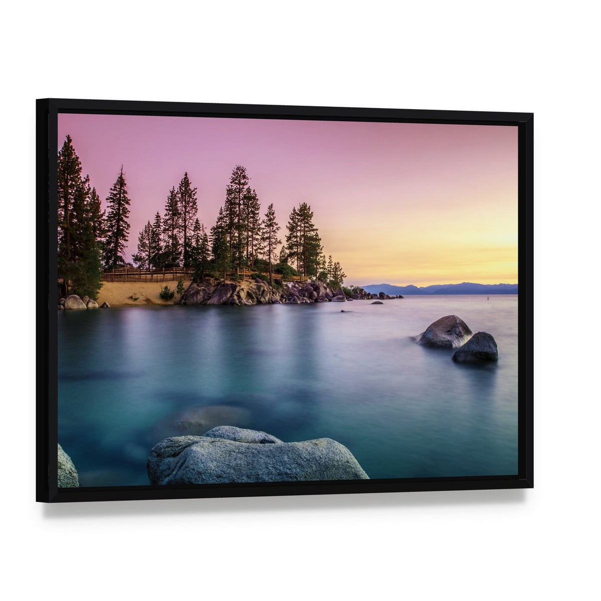 Sunrise Over Lake Tahoe Canvas Wall Art, framed canvas in a black floater frame, angled product view