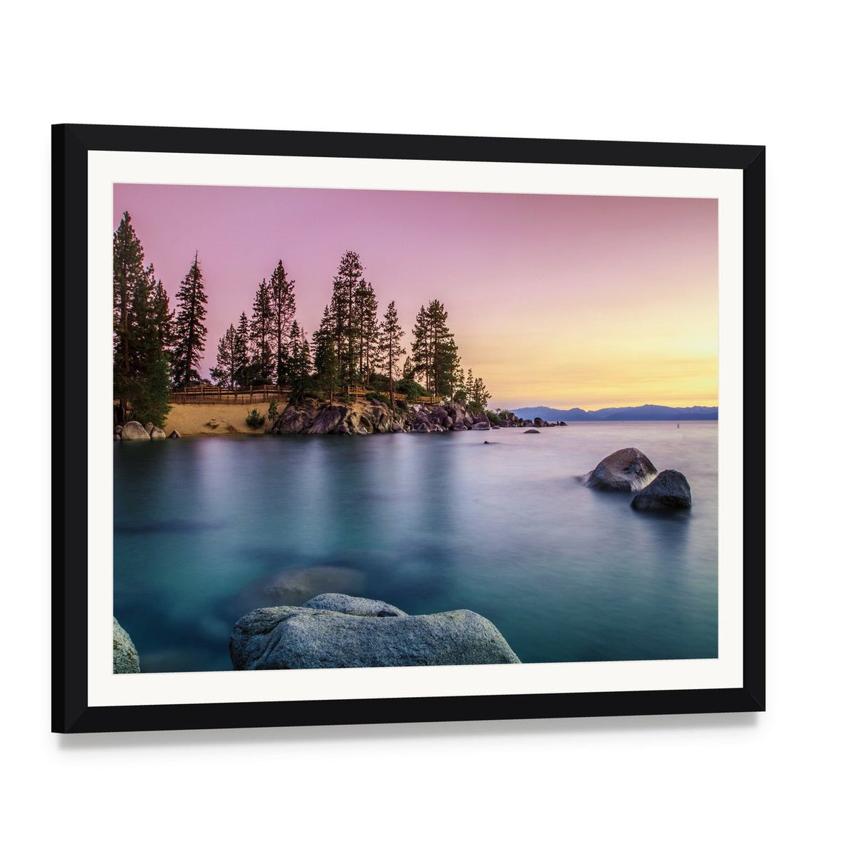 Sunrise Over Lake Tahoe Canvas Wall Art, framed print with white mat and black frame, angled product view