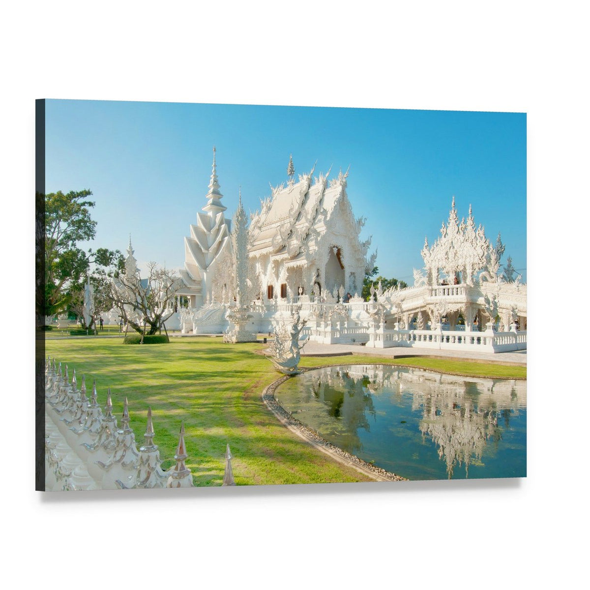 Ornate White Temple in Chiang Rai Canvas Wall Art, single panel gallery wrapped canvas, angled product view