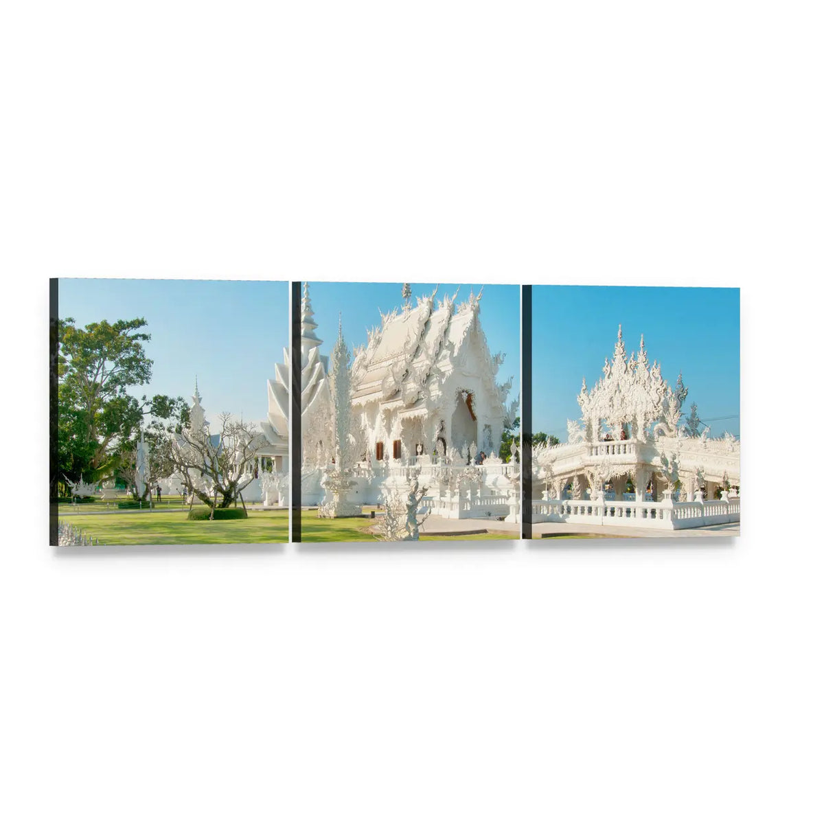 White Temple in Thailand Panoramic Canvas Wall Art, 3 panel 3 Piece layout gallery wrapped canvas set, angled product view