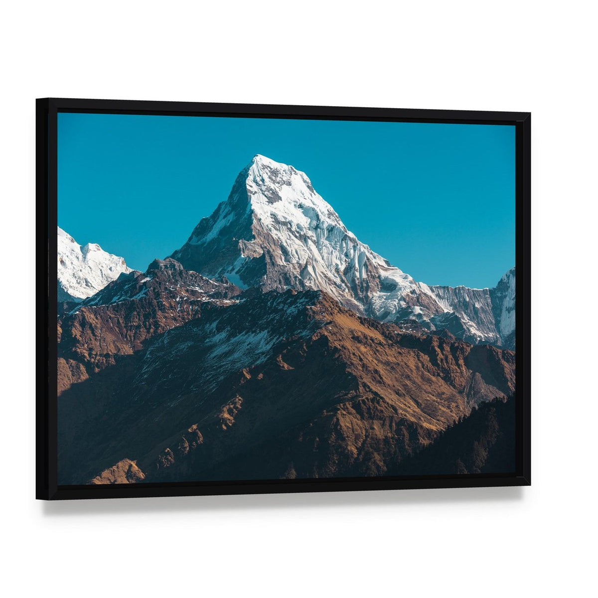 Himalaya Mountains Nepal Canvas Wall Art, framed canvas in a black floater frame, angled product view