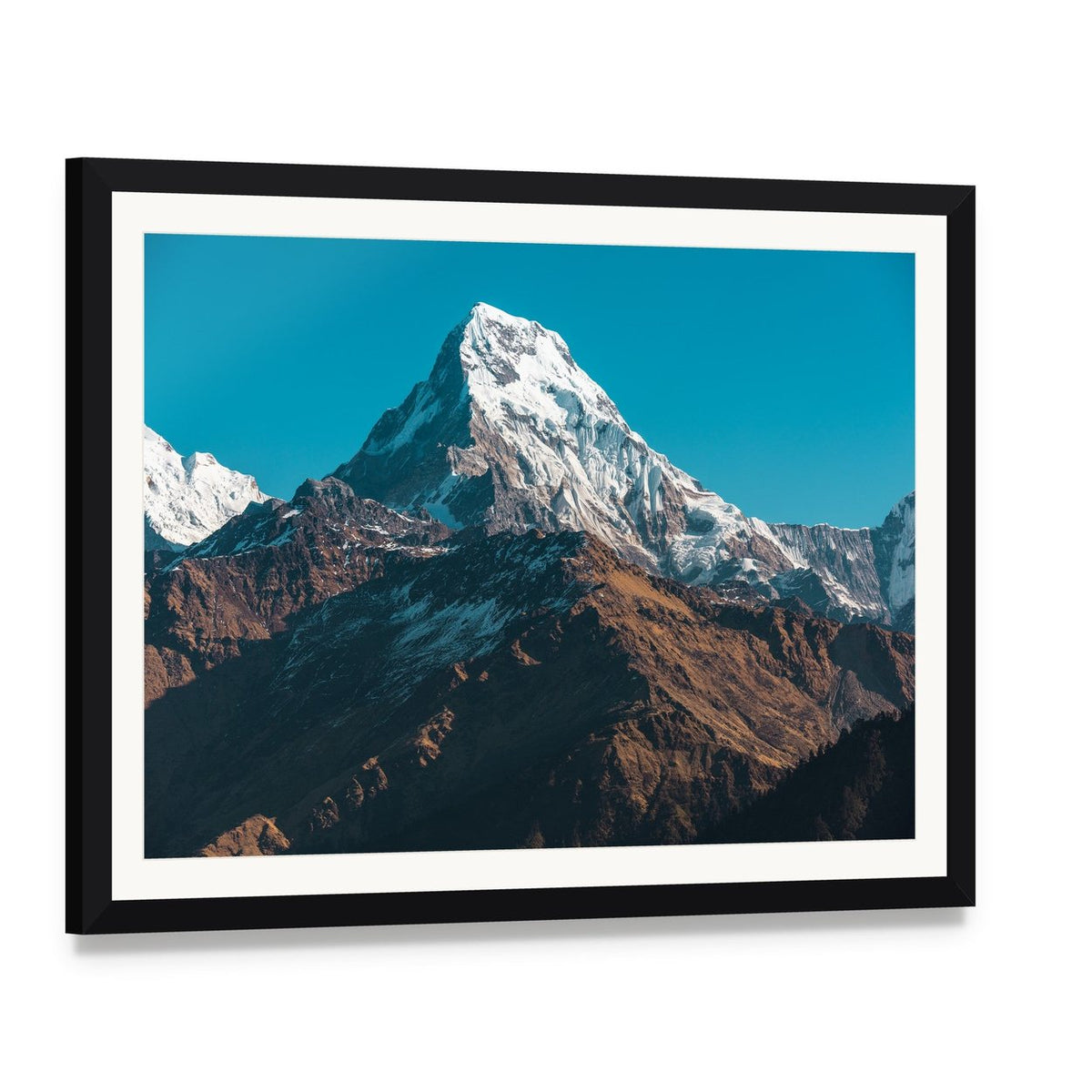 Himalaya Mountains Nepal Canvas Wall Art, framed print with white mat and black frame, angled product view