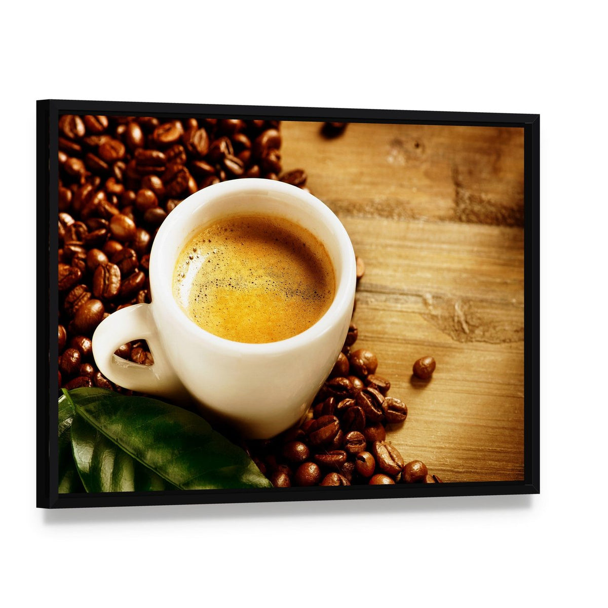 Coffee Espresso Canvas Wall Art, framed canvas in a black floater frame, angled product view