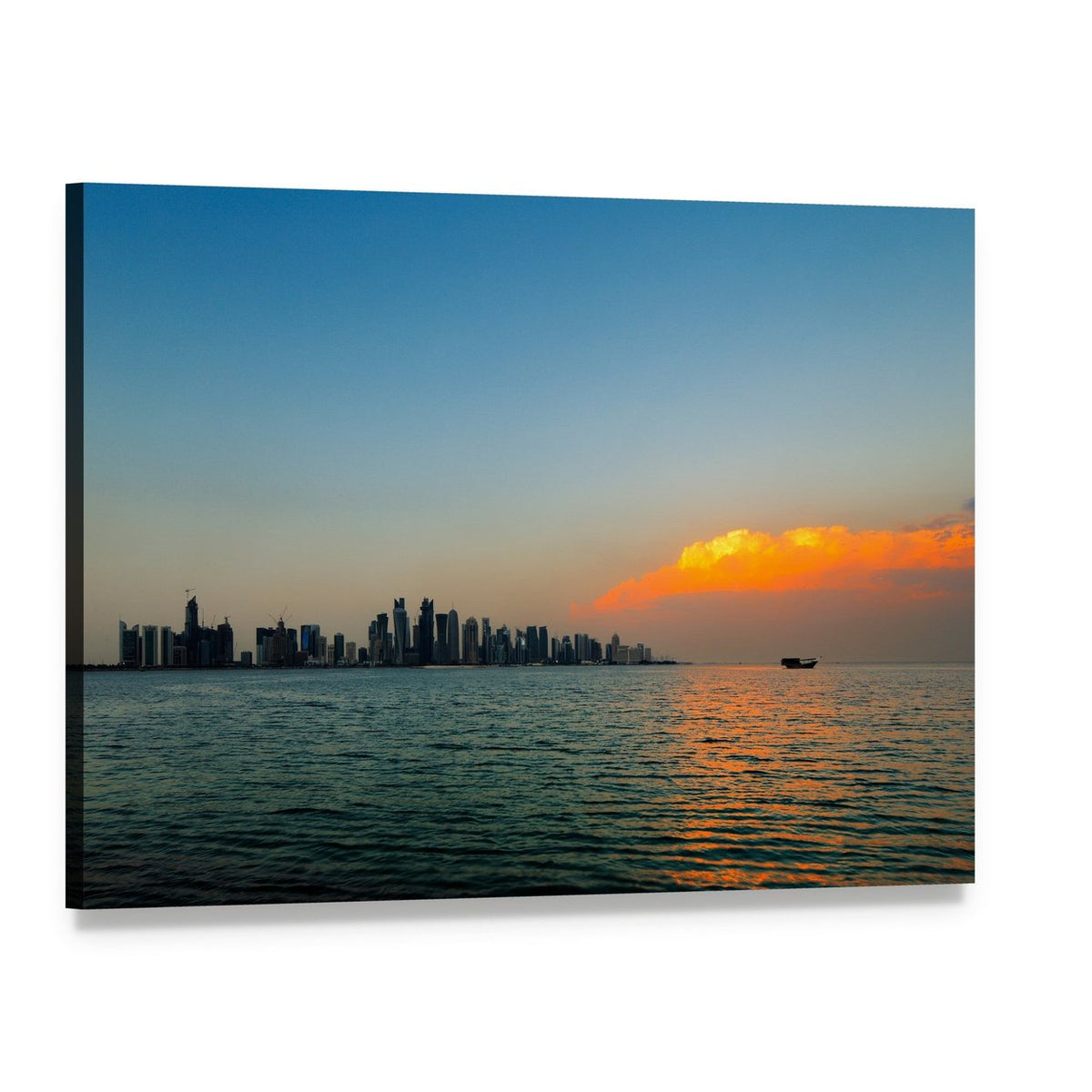 Qatar City Skyline at Sunset Canvas Wall Art, single panel gallery wrapped canvas, angled product view